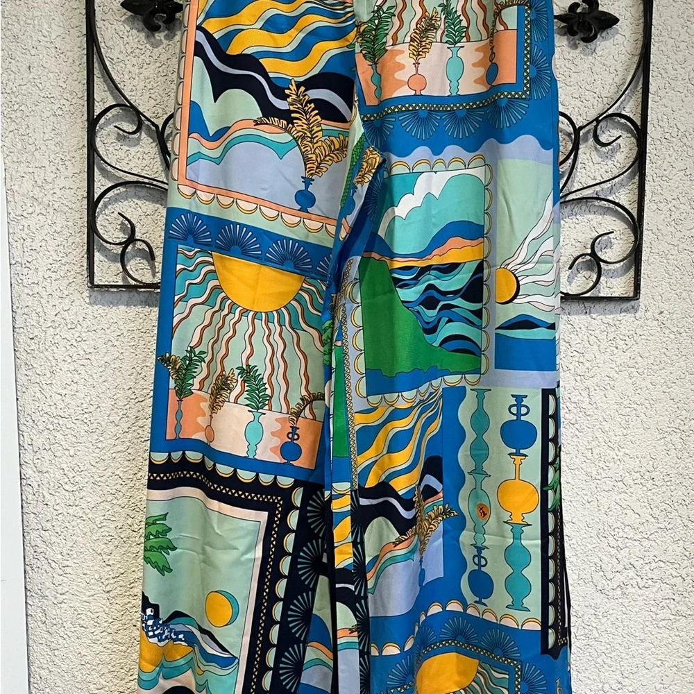 Anthropologie Blue Green Yellow Patchwork Wide-Leg Pants - Picture 5 of 13